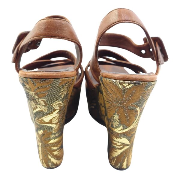 Miu Miu Women's Brown & Gold Jacquard Fabric & Leather Platform Wedge Sandals - Picture 4 of 11
